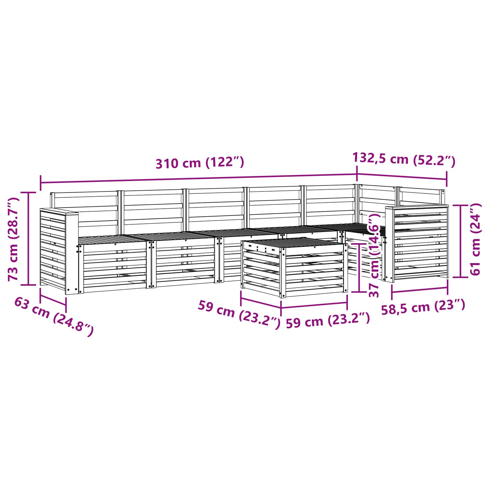 Sekcijska garnitura 7 pcs Prirodna Čvrsto drvo akacije