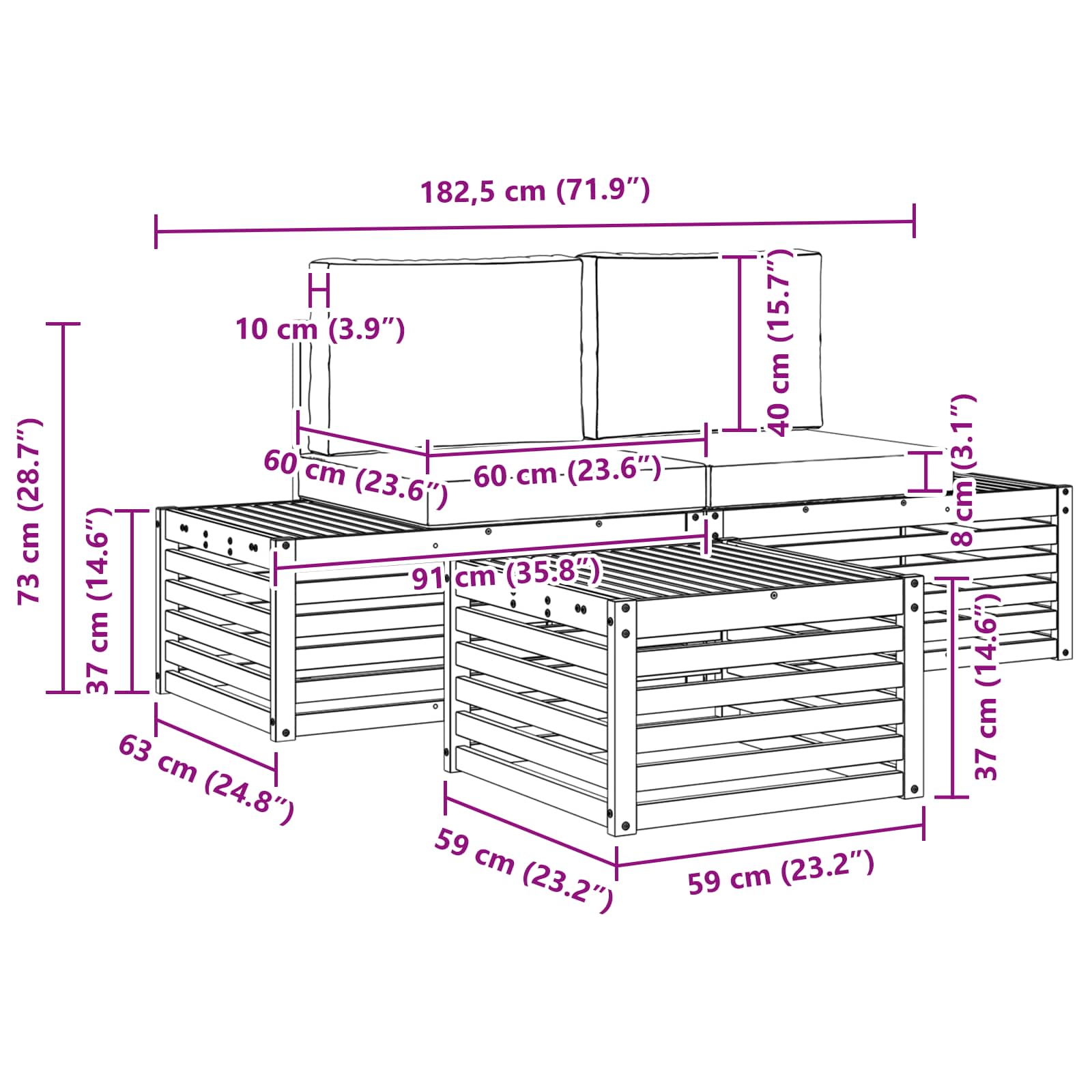 Set vanjskih sofa Prirodna i svijetlo siva 59 x 59 x 37 cm