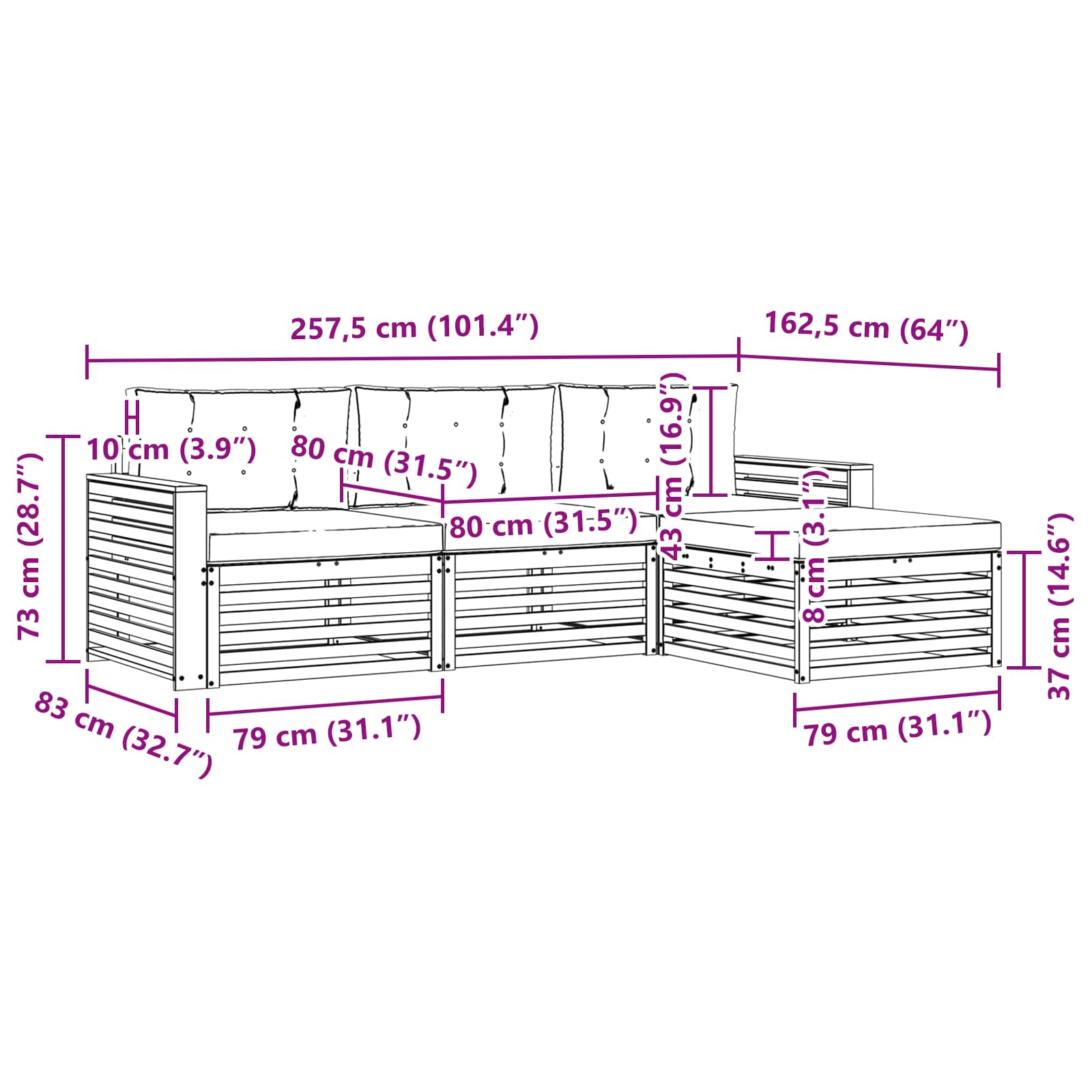 Set vanjskih sofa Prirodna i antracit 257,5 x 162,5 x 73 cm