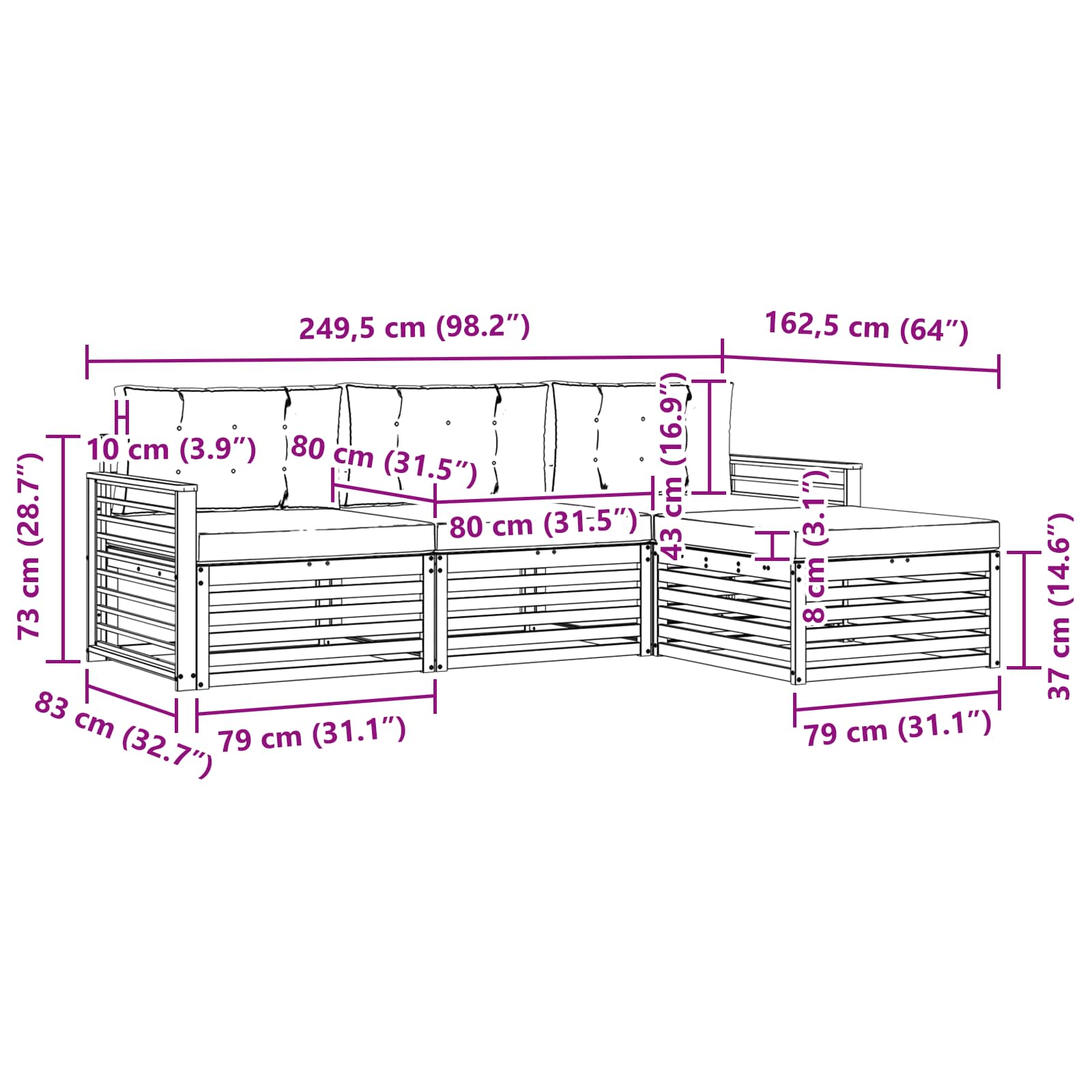 Set vanjskih sofa Prirodna i bež 249,5 x 162,5 x 73 cm