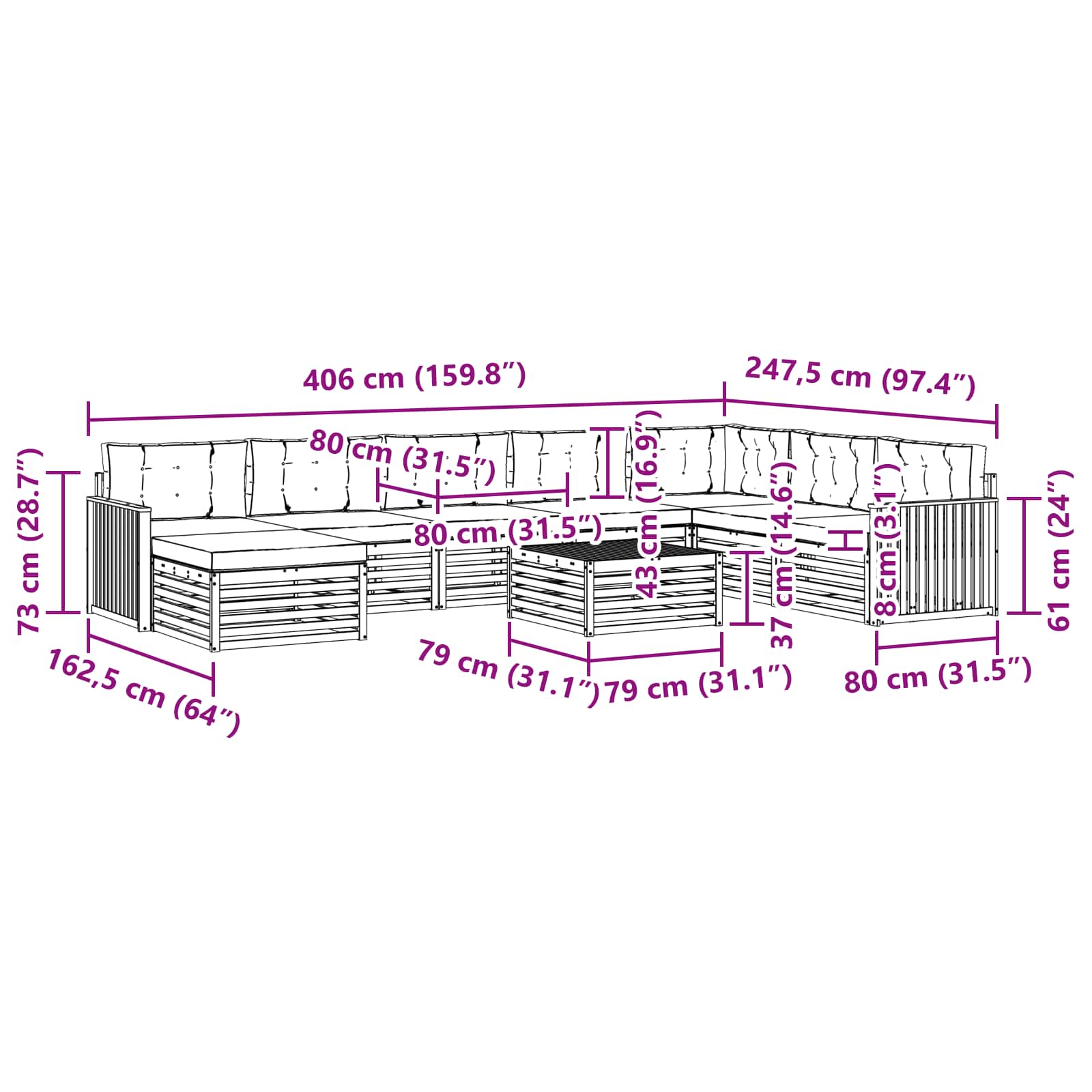 Set vanjskih sofa 9 pcs Prirodna i krem Čvrsto drvo akacije