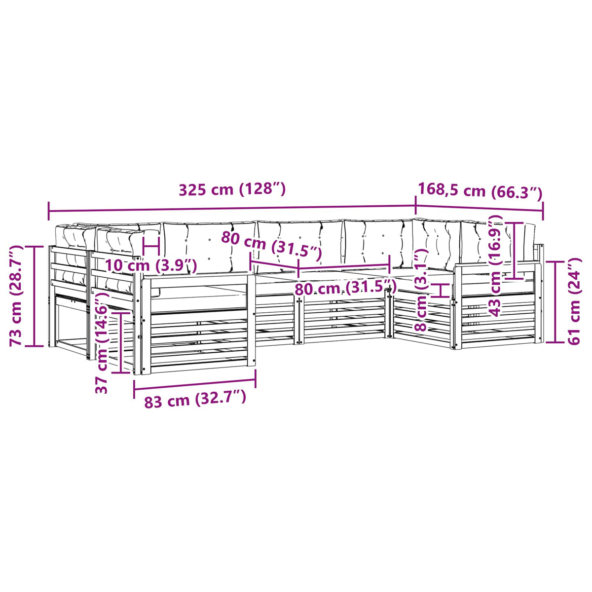 Set vanjskih sofa 6 kom. Prirodna i svijetlo siva 325 x 168,5 x 73 cm
