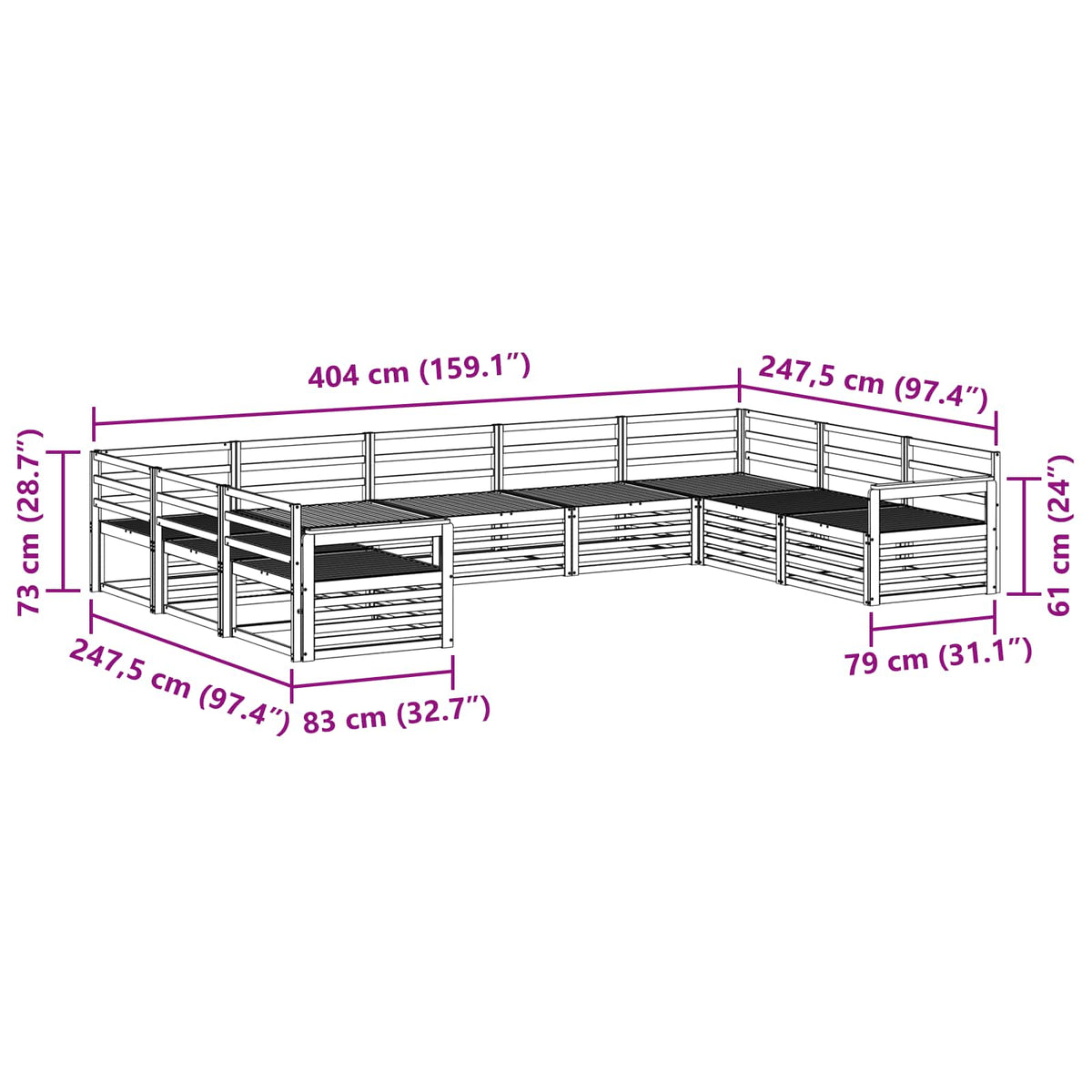 Set vanjskih sofa 9 kom. Prirodna Čvrsto drvo akacije 404 x 247,5 x 73 cm