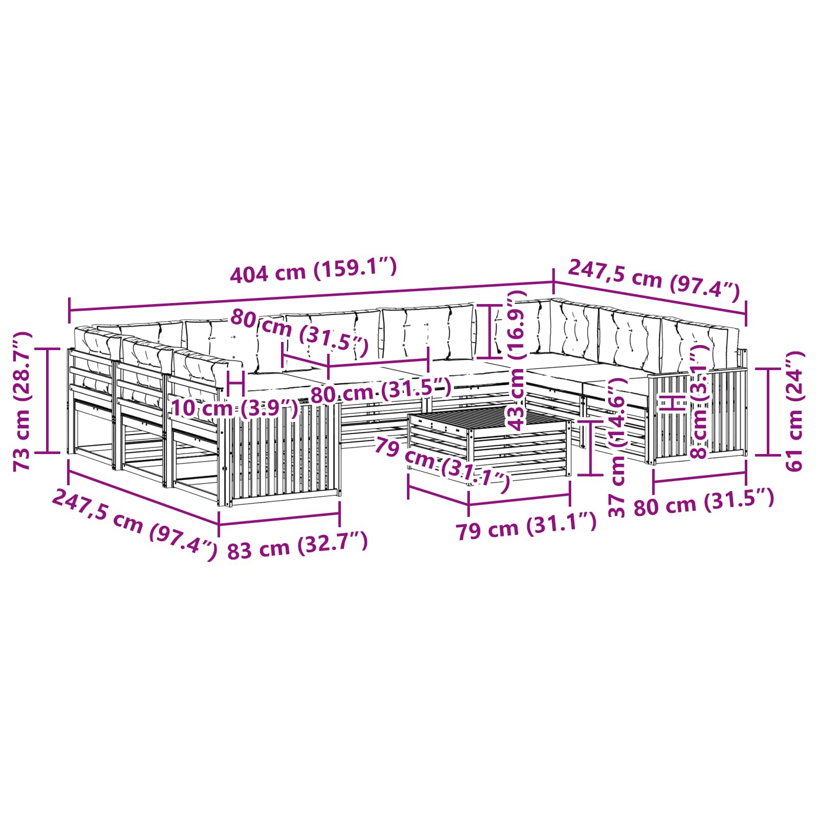 Set vanjskih sofa 10 kom. Prirodna i krem Čvrsto drvo akacije