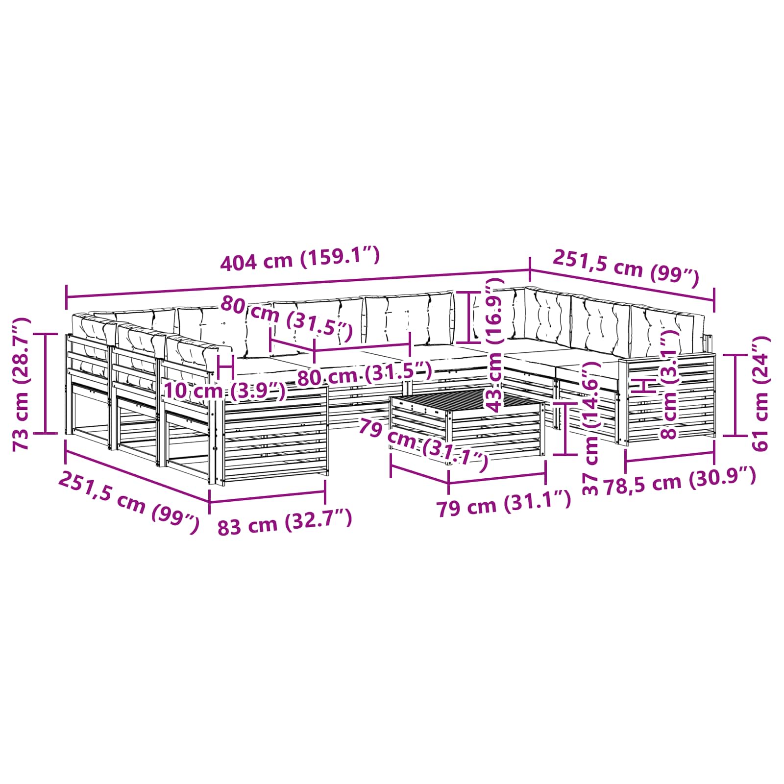 Set vanjskih sofa 10 pcs Prirodna i bež Čvrsto drvo akacije