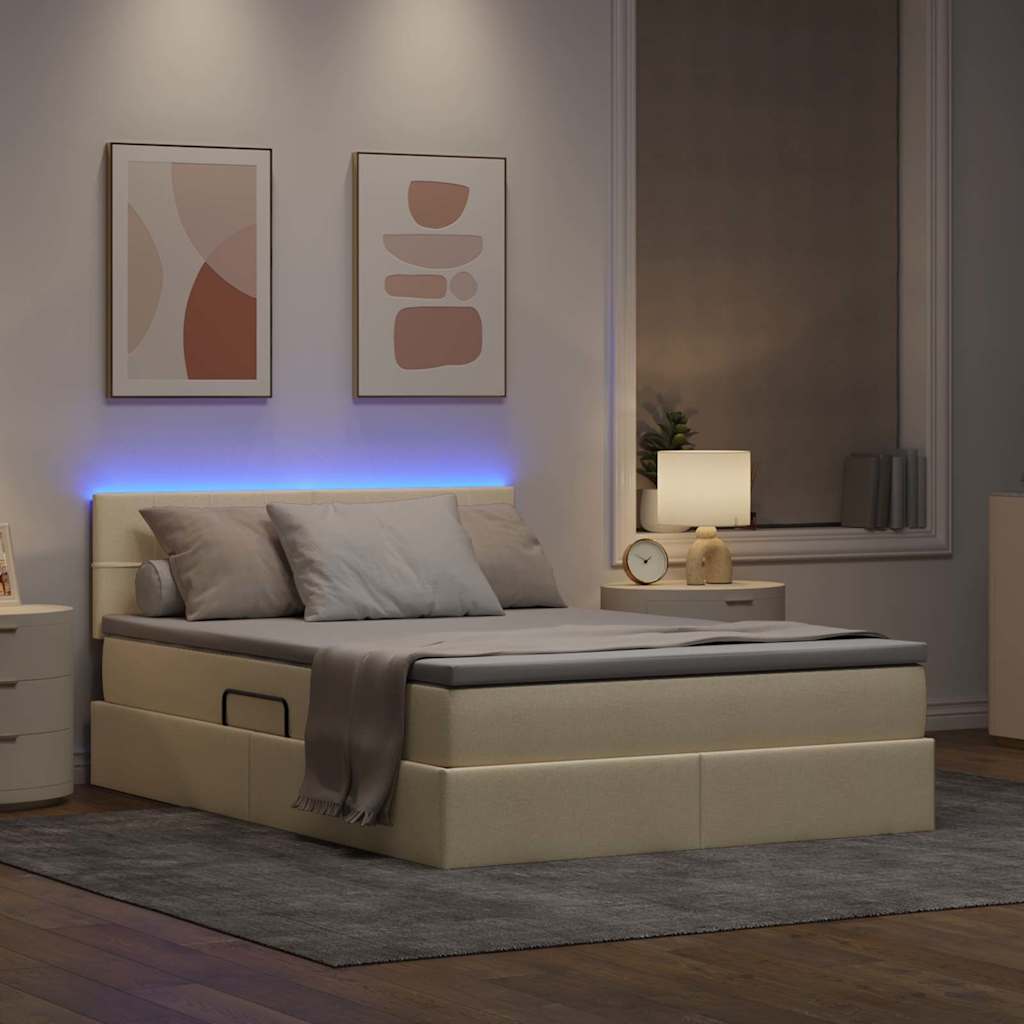 LED krevet za pohranu s madracem Krema 140 x 190 cm Tkanina