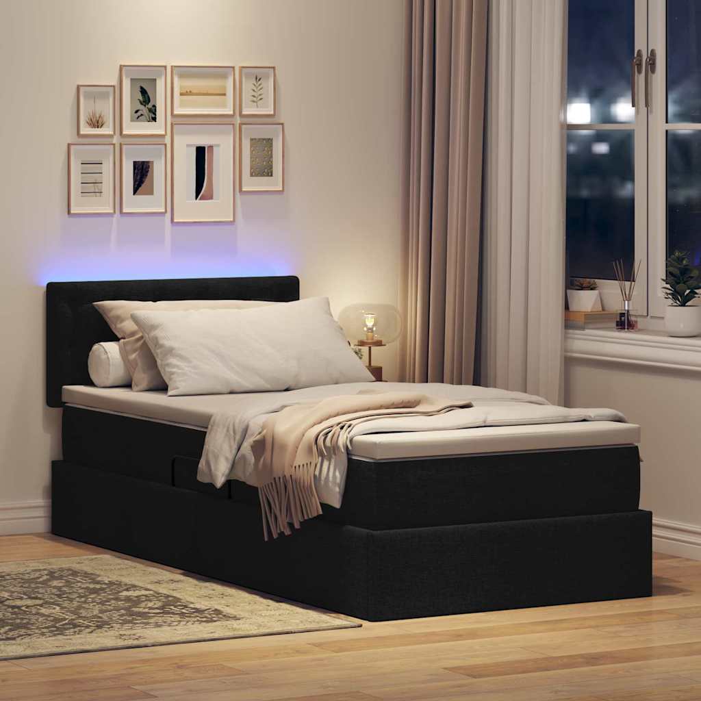 LED krevet za pohranu s madracem Crna 90 x 200 cm Tkanina