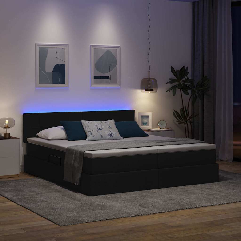 Krevet S LED lampica s uzglavljem Crna 200 x 200 cm tkanina