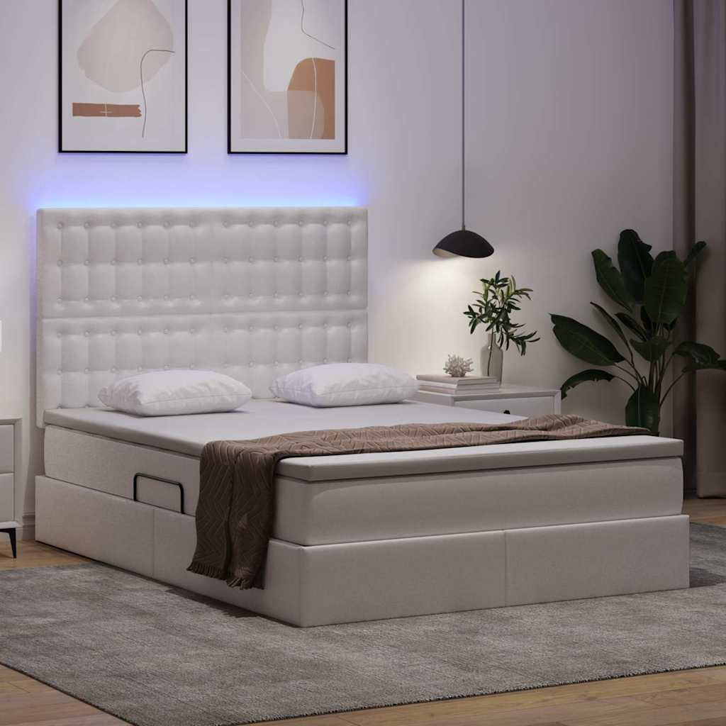 Krevet s prostorom za pohranu s LED-om Čista bijela Lažna koža 140 x 200 cm
