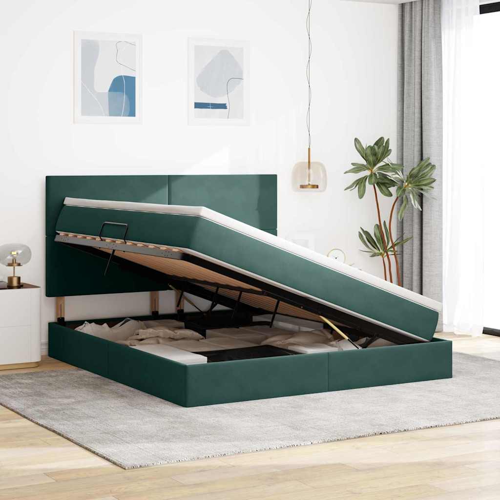 LED krevet za pohranu s madracem Tamnozelena 160 x 200 cm