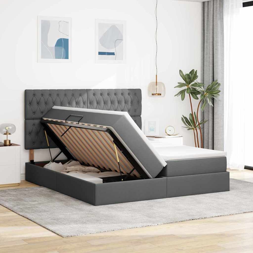 LED krevet za pohranu s madracem Tamnosiva 200 x 200 cm Tkanina