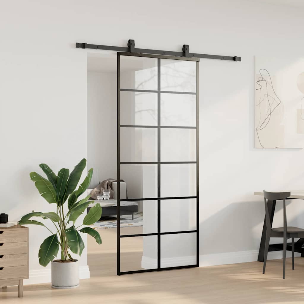 Klizna vrata s priborom crna 90 x 205 cm od ESG stakla