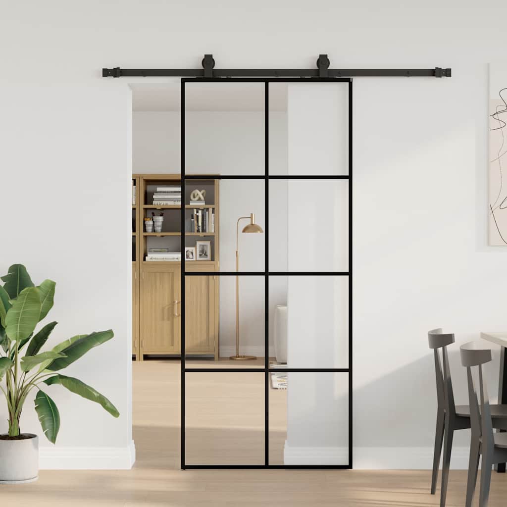 Klizna vrata s priborom crna 90 x 205 cm od ESG stakla