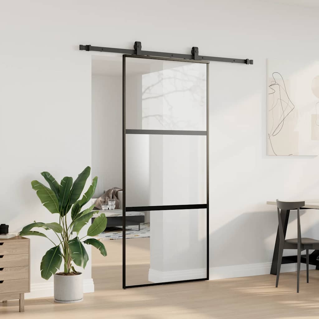 Klizna vrata s priborom crna 90 x 205 cm kaljeno staklo