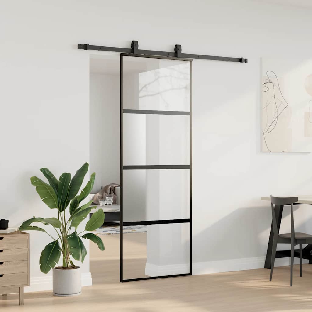 Klizna vrata s priborom crna 76 x 205 cm kaljeno staklo