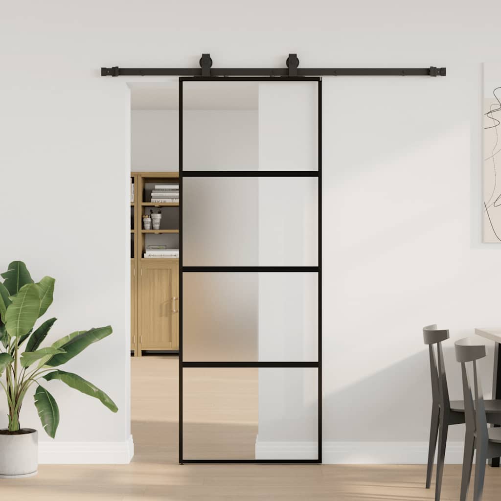 Klizna vrata s priborom crna 76 x 205 cm kaljeno staklo