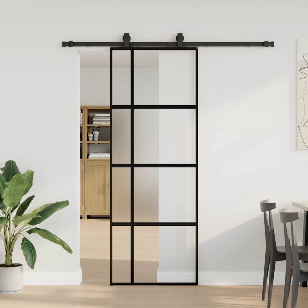 Klizna vrata s priborom crna 76 x 205 cm kaljeno staklo