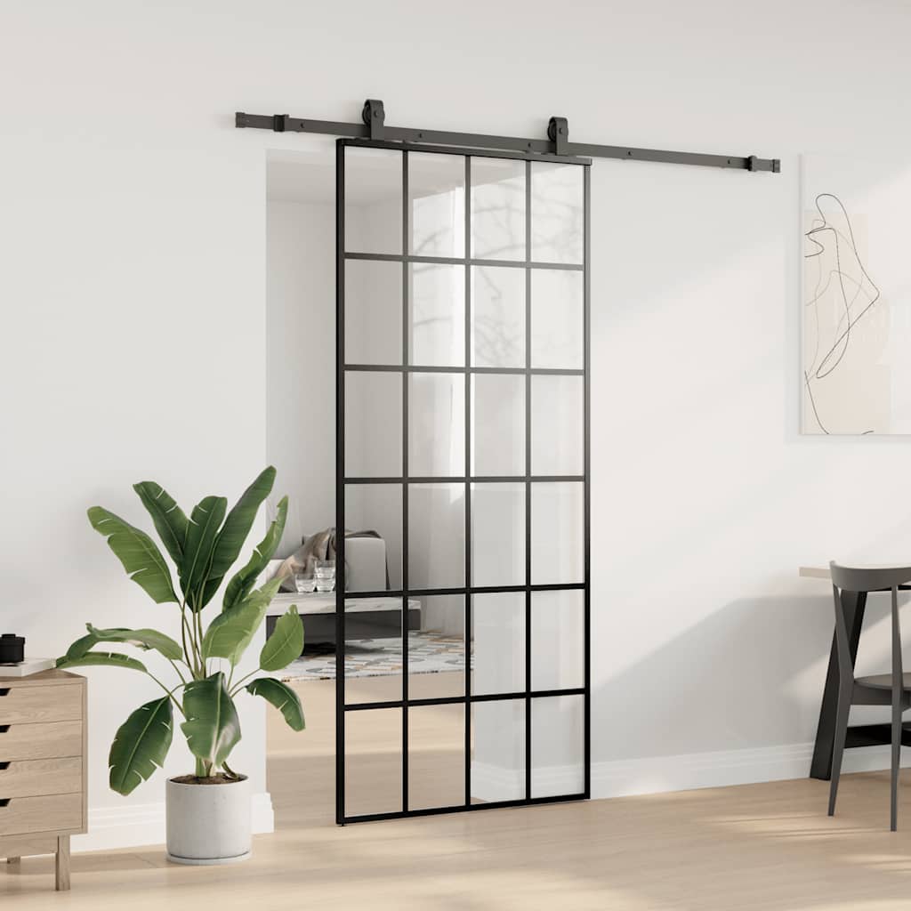 Klizna vrata s priborom crna 90 x 205 cm od ESG stakla