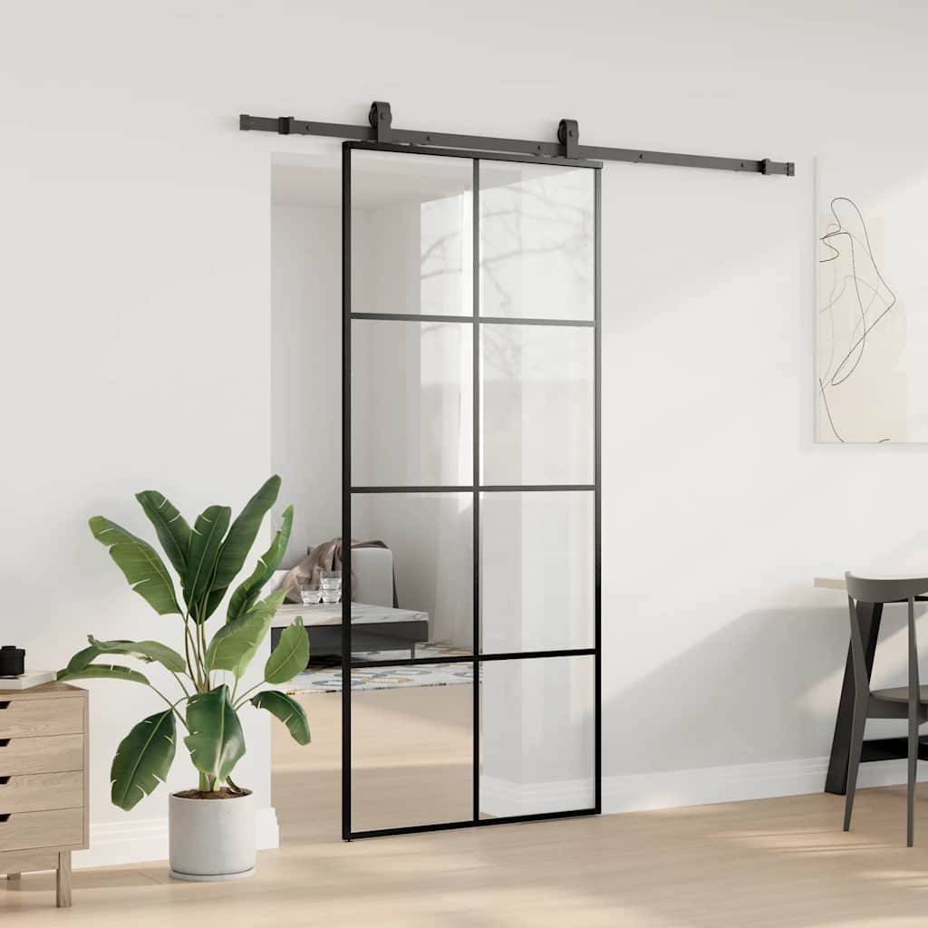 Klizna vrata s priborom crna 90 x 205 cm od ESG stakla