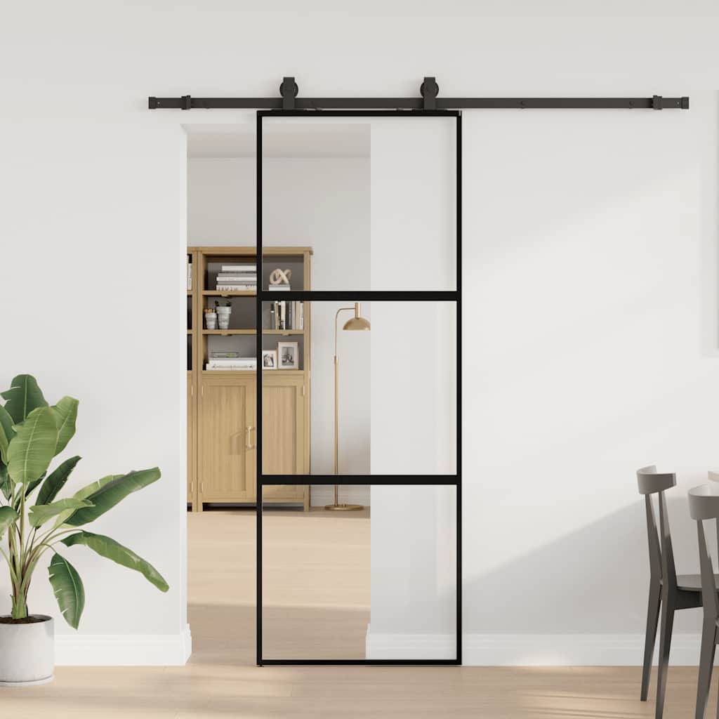 Klizna vrata s priborom crna 76 x 205 cm kaljeno staklo
