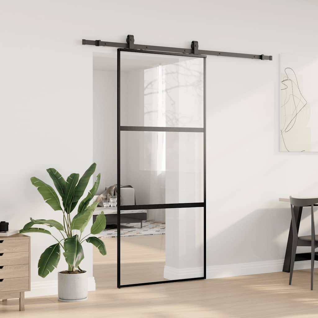 Klizna vrata s priborom crna 90 x 205 cm kaljeno staklo