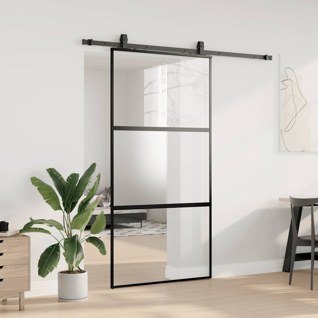 Klizna vrata s priborom crna 102,5 x 205 cm kaljeno staklo