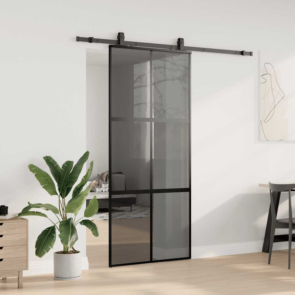 Klizna vrata s priborom crna 90 x 205 cm kaljeno staklo