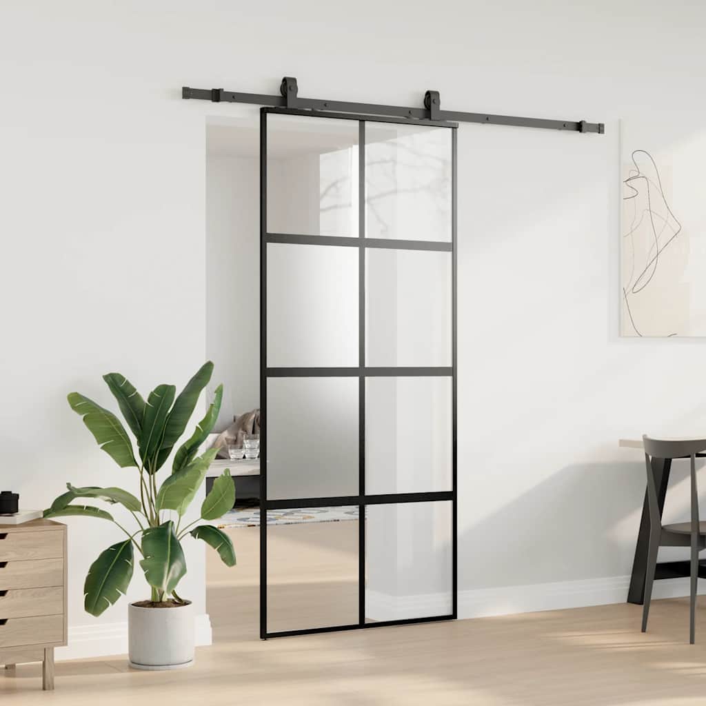 Klizna vrata s priborom crna 90 x 205 cm kaljeno staklo