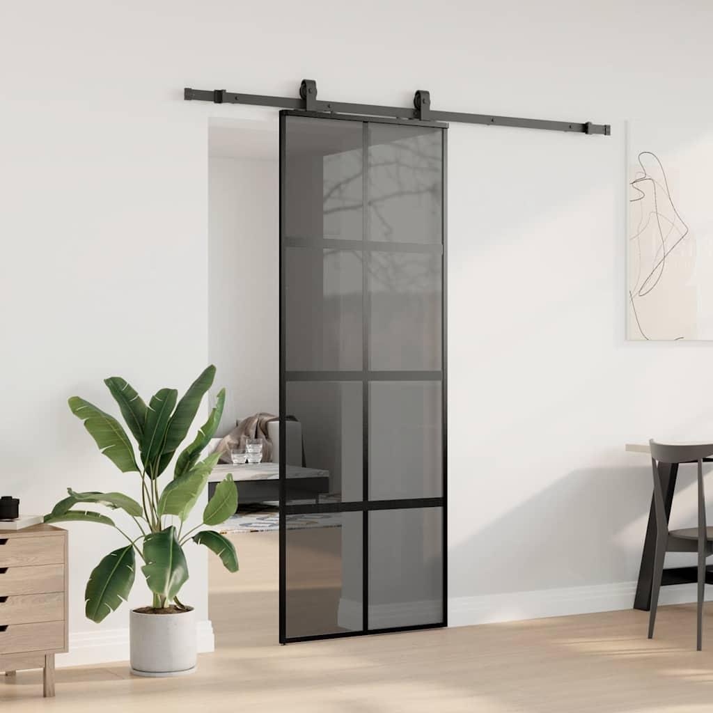 Klizna vrata s priborom crna 76 x 205 cm kaljeno staklo