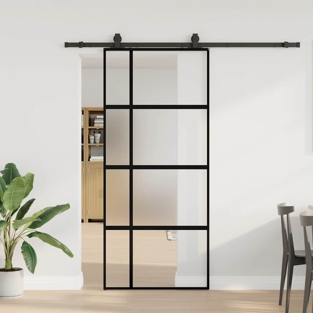 Klizna vrata s priborom crna 90 x 205 cm kaljeno staklo