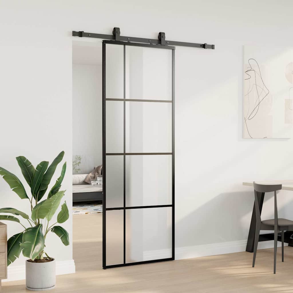 Klizna vrata s priborom crna 76 x 205 cm od ESG stakla