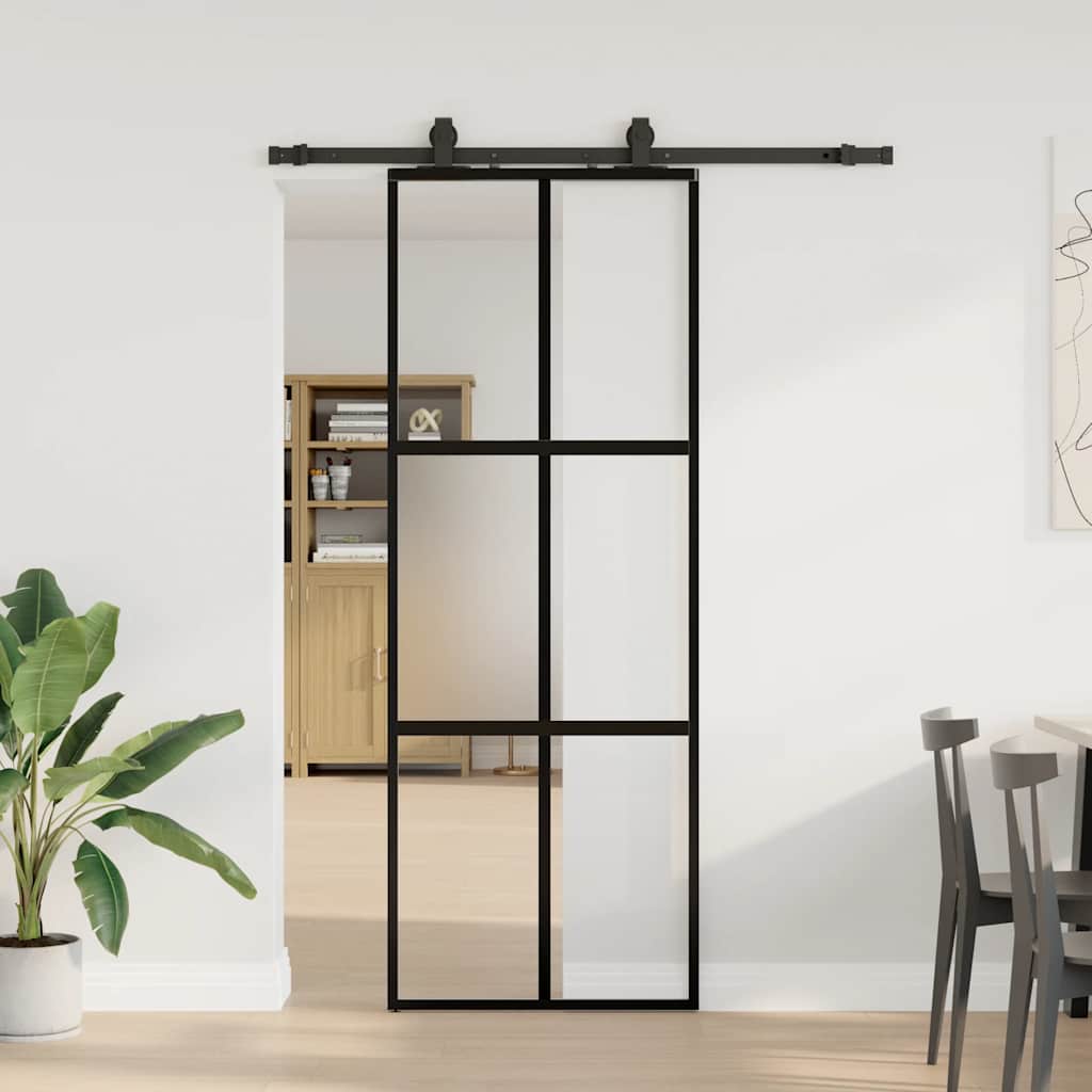 Klizna vrata s priborom crna 76 x 205 cm kaljeno staklo