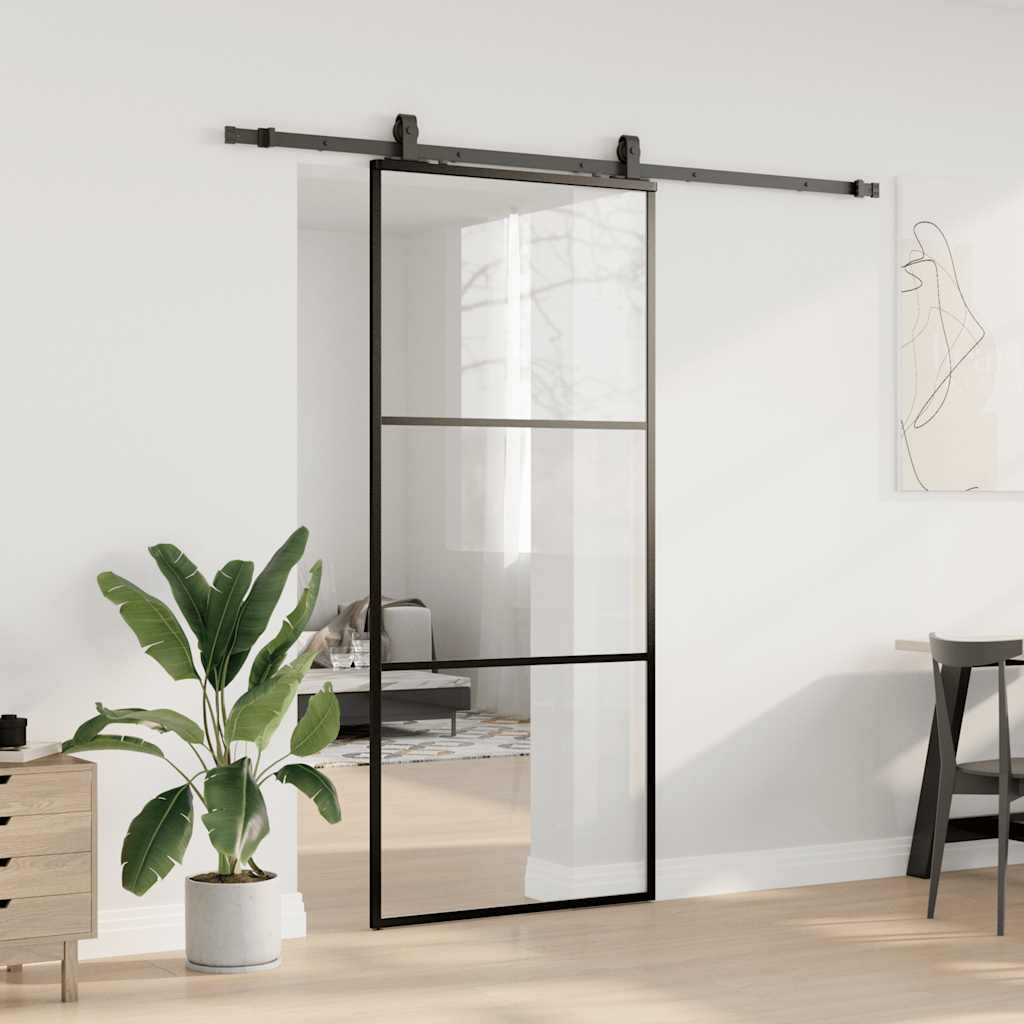 Klizna vrata s priborom crna 90 x 205 cm od ESG stakla