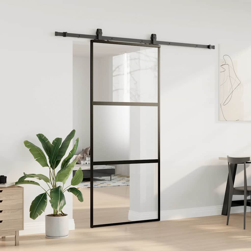 Klizna vrata s priborom crna 90 x 205 cm kaljeno staklo