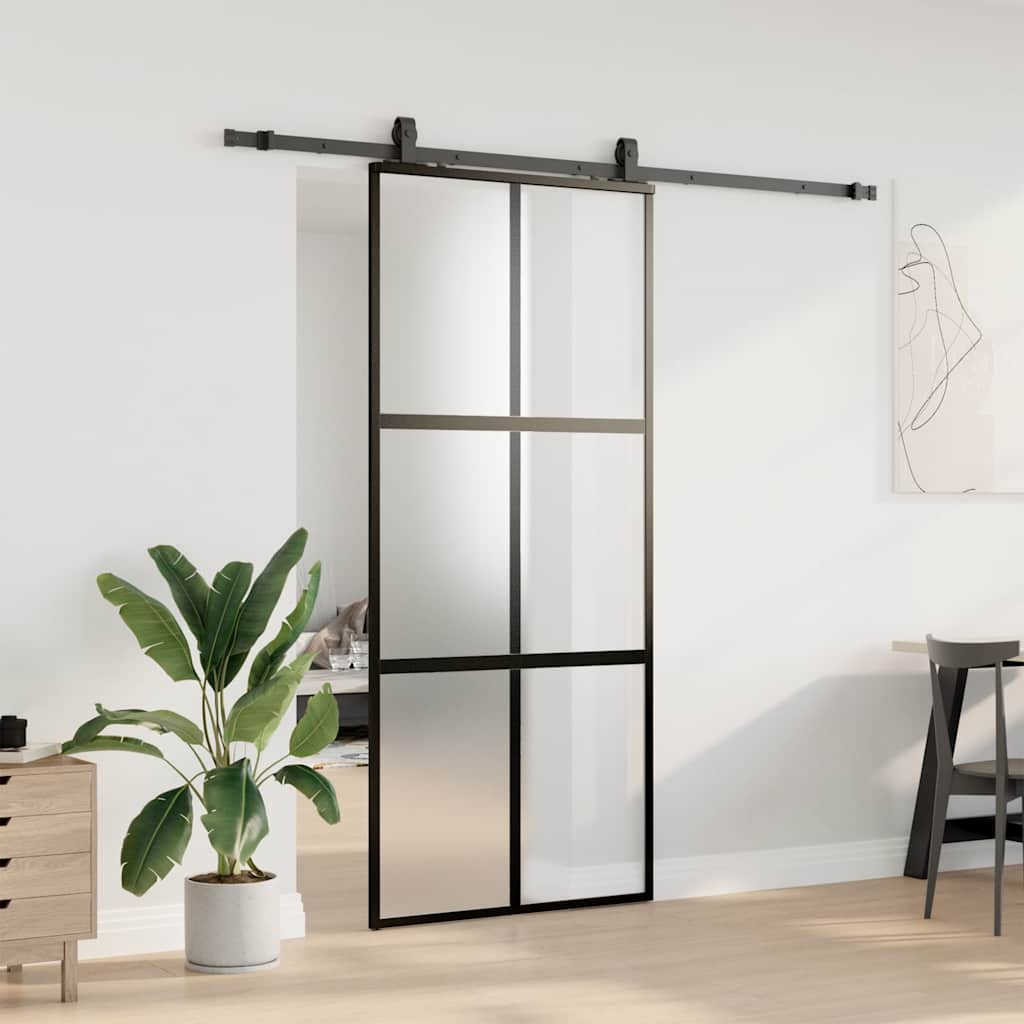 Klizna vrata s priborom crna 90 x 205 cm kaljeno staklo
