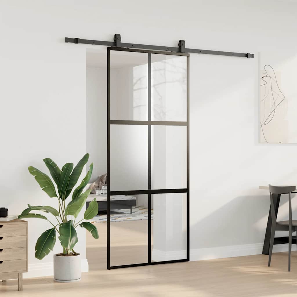Klizna vrata s priborom crna 90 x 205 cm kaljeno staklo