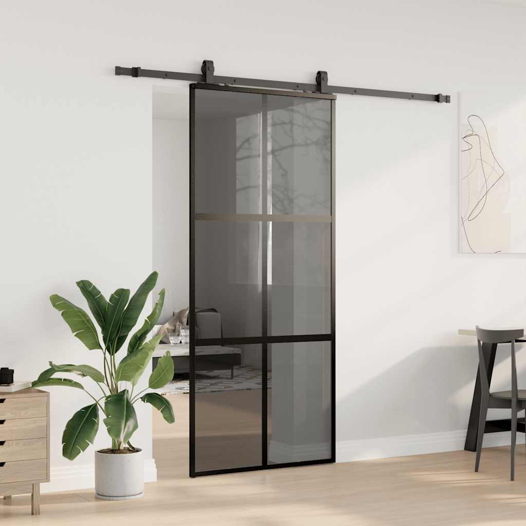 Klizna vrata s priborom crna 90 x 205 cm kaljeno staklo