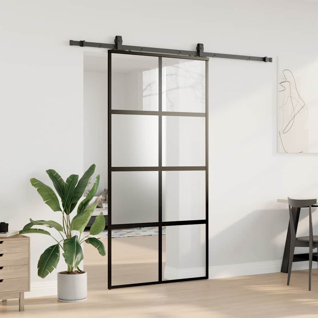 Klizna vrata s priborom crna 102,5 x 205 cm kaljeno staklo