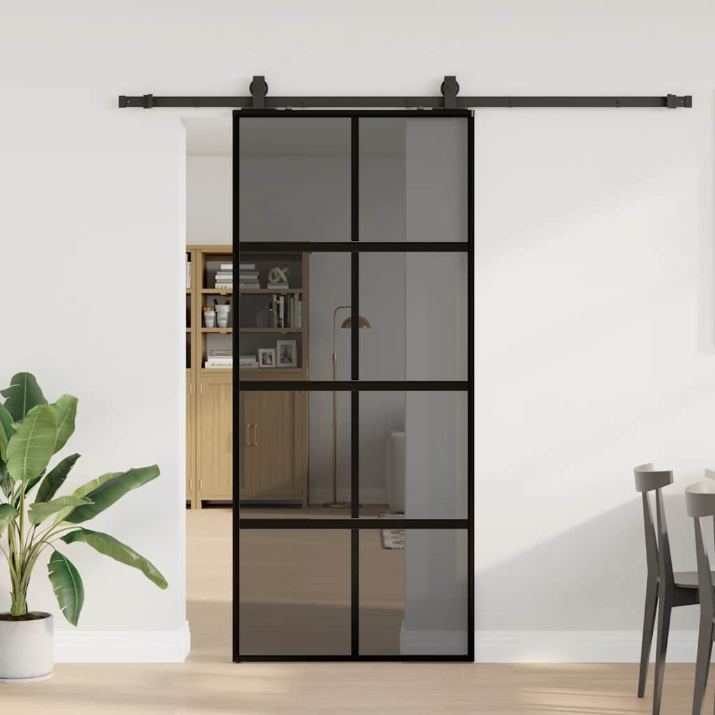 Klizna vrata s priborom crna 90 x 205 cm kaljeno staklo