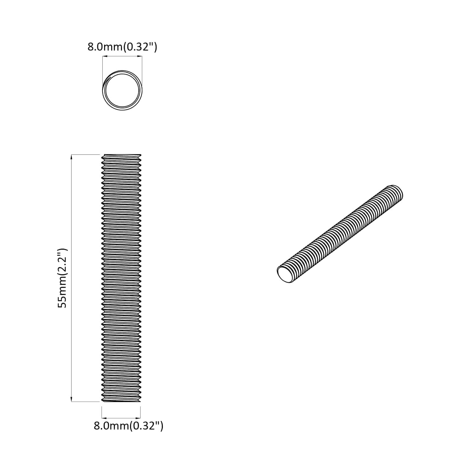 Navojni štap 2 pcs Srebrno 8 x 55 mm Čelik