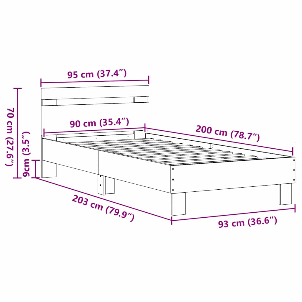 Krevetna konstrukcija s uzglavljem Crni hrast 203 x 95 x 70 cm
