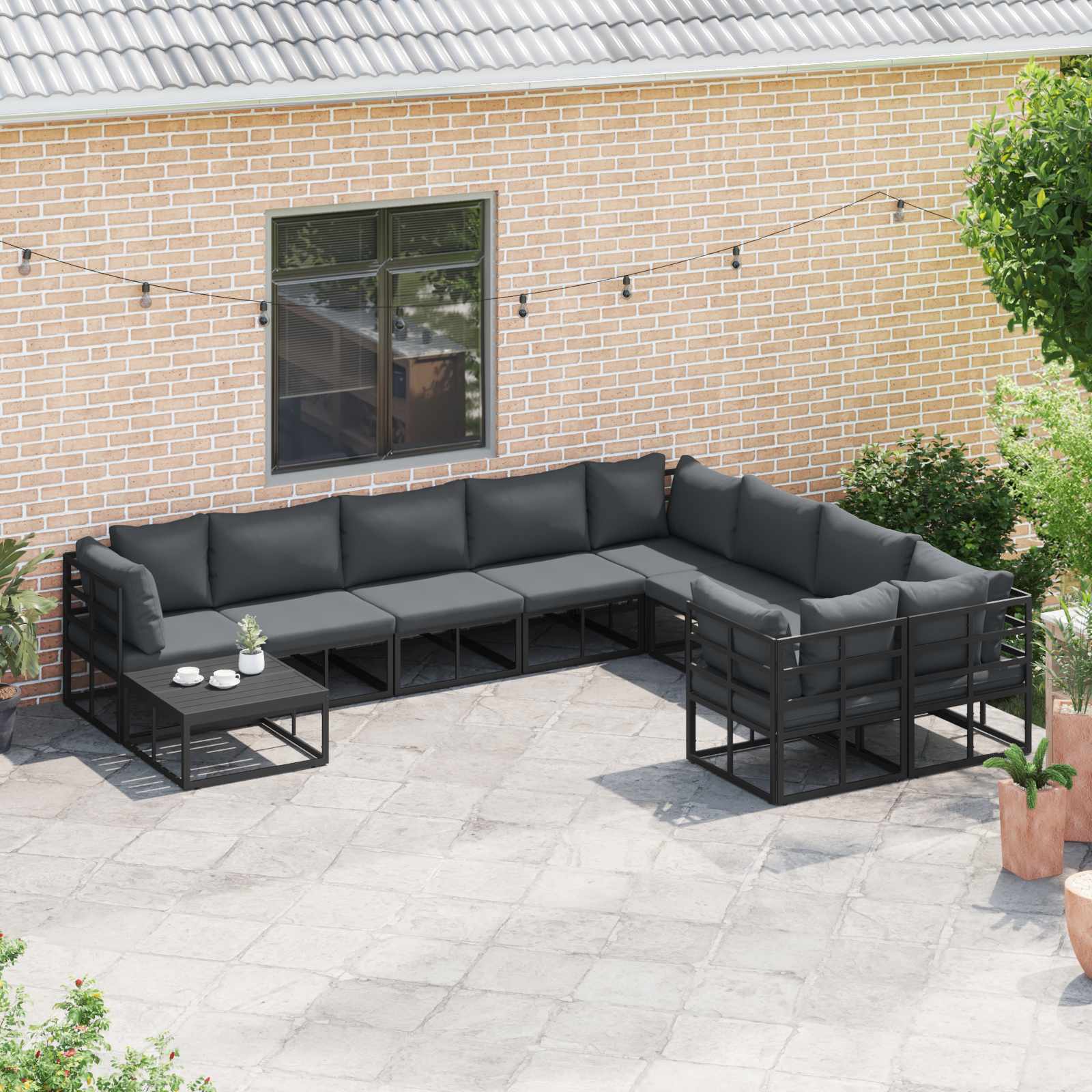 Sjedeća garnitura za vrt s jastukom 9 pcs Crna Aluminij