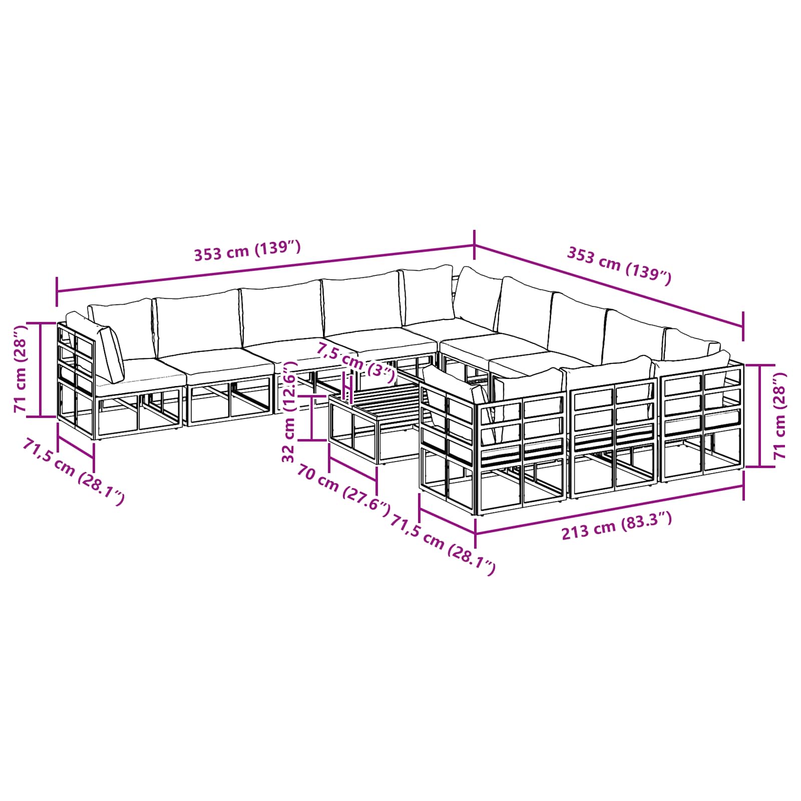 Sjedeća garnitura za vrt s jastukom 12 pcs Crna Aluminij