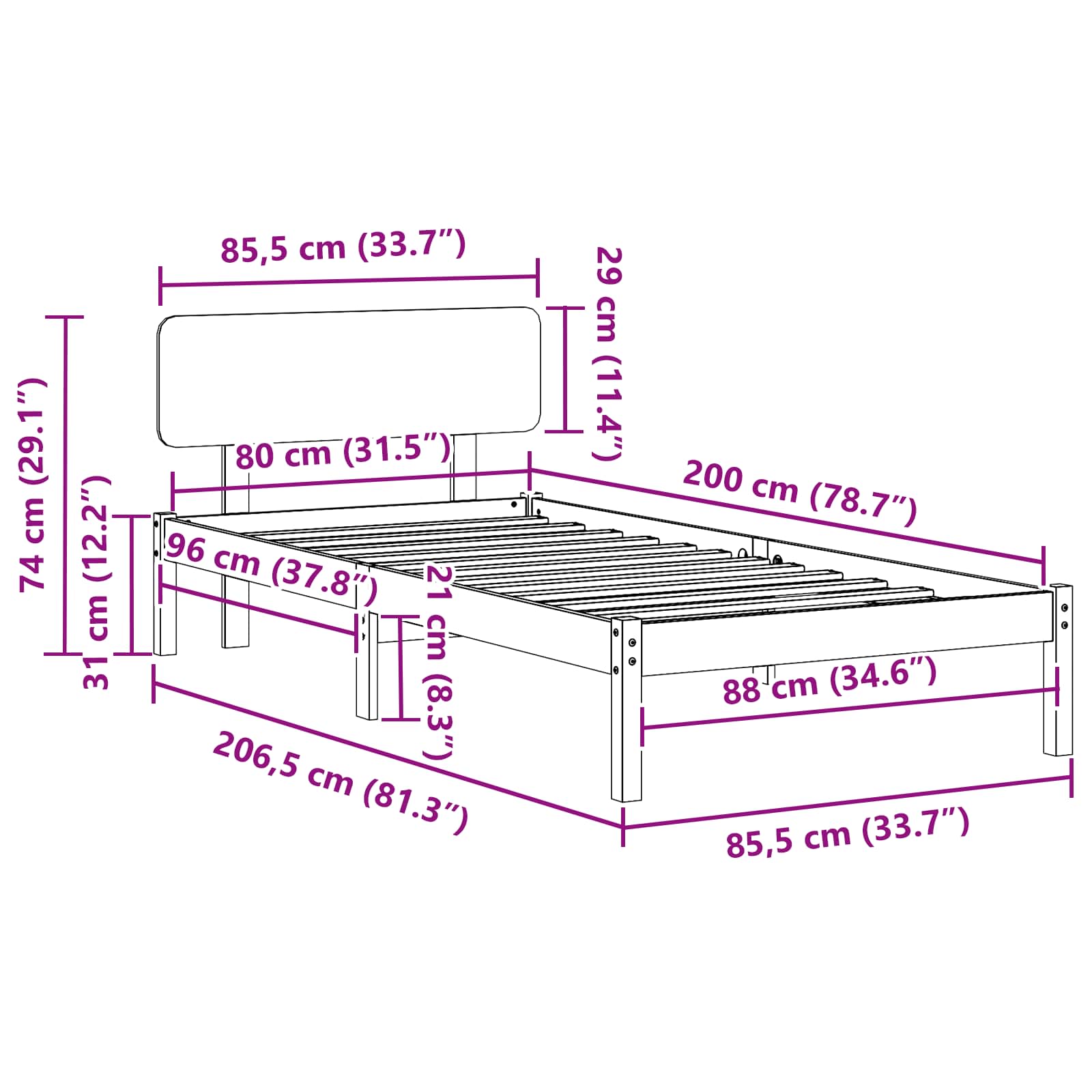 Krevetna konstrukcija Prirodna 80 x 200 cm Čvrsto borovo drvo