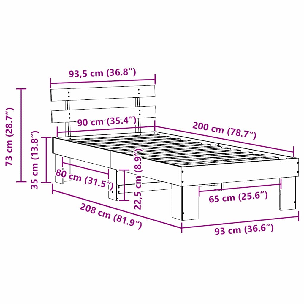 Krevetna konstrukcija Prirodna 90 x 200 cm Čvrsto borovo drvo