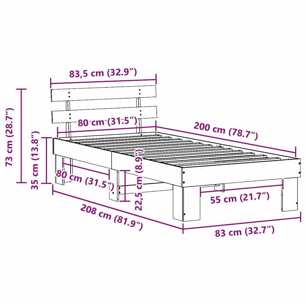 Krevetna konstrukcija Prirodna 80 x 200 cm Čvrsto borovo drvo