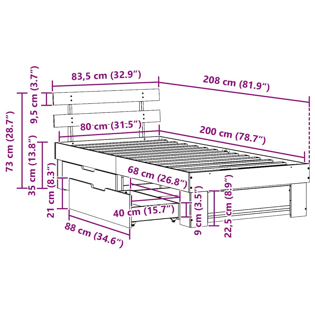 Krevetna konstrukcija Bijelo 80 x 200 cm Čvrsto borovo drvo