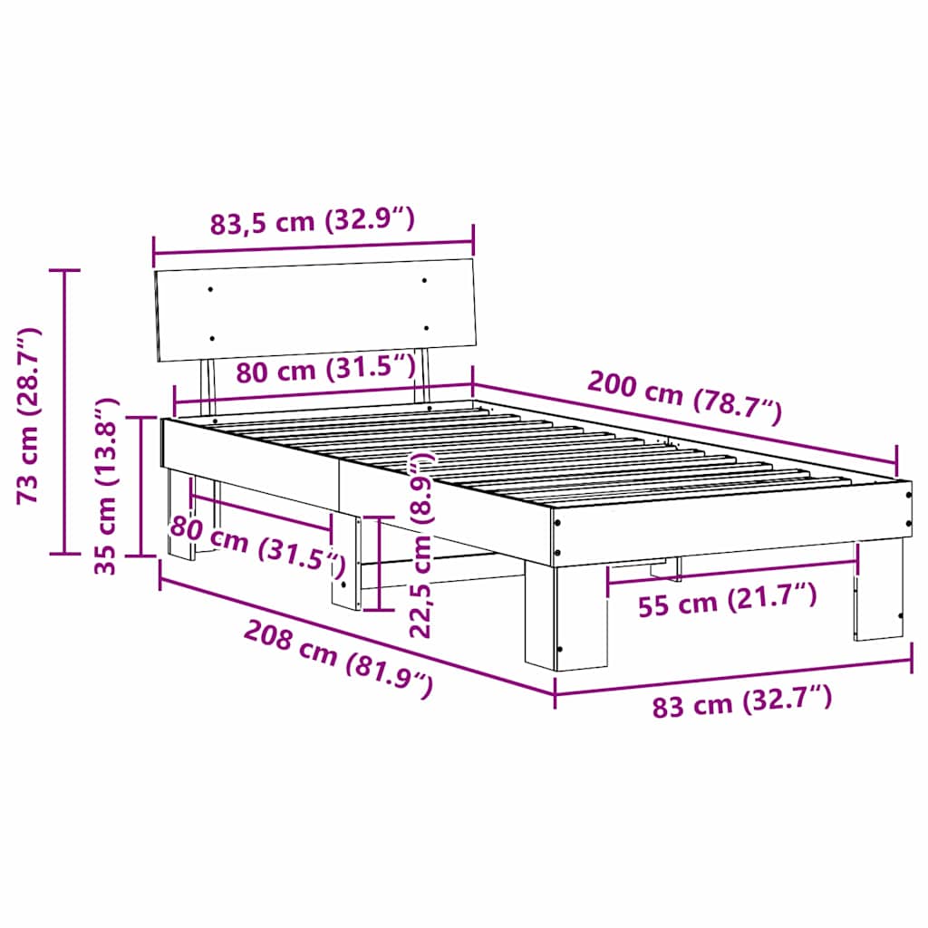 Krevetna konstrukcija Bijelo 80 x 200 cm Čvrsto borovo drvo