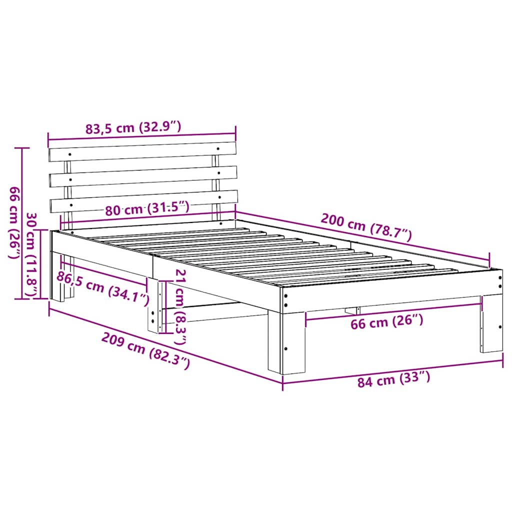 Krevetna konstrukcija Prirodna 80 x 200 cm Čvrsto borovo drvo