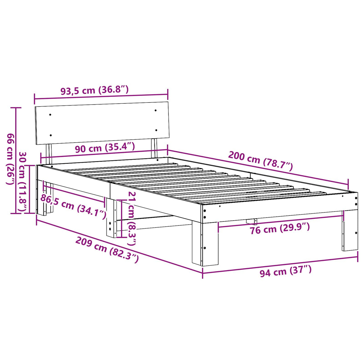 Krevetna konstrukcija Prirodna 90 x 200 cm Čvrsto borovo drvo
